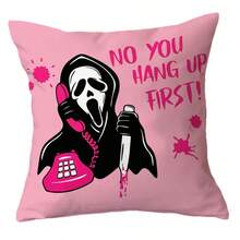 万圣节枕套，粉色“不，你挂了”恐怖鬼魂图案抱枕，农舍单面蓬松趣味万圣节装饰枕套，适用于室内外沙发装饰 - 彩色 - 查看 13