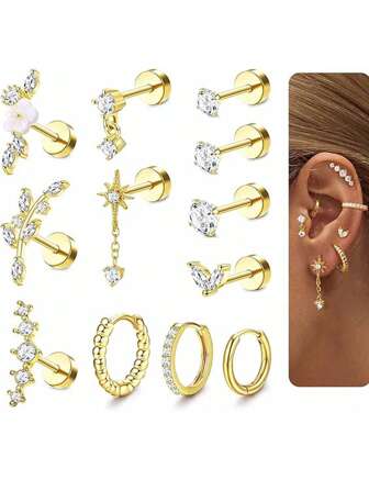 12 زوج من أقراط الغضروف للنساء، قاعدة مسطحة، من الفولاذ المقاوم للصدأ الجراحي، مجموعة أقراط دائرية للغضروف، داييث، كانش، تراجوس، هيليكس، مجموعة مجوهرات للثقب