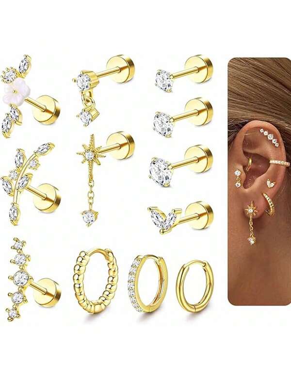 Brincos de cartilagem femininos com 12 peças, parte traseira plana, hipoalergênicos, cirúrgicos, de aço inoxidável, conjunto de brincos de cartilagem, concha Daith, tragus, hélice, joia para piercing