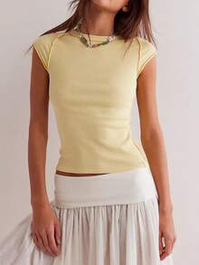 Women Rib Knit Cap Sleeve Crew Neck T-Shirts Casual Summer Slim Fitted Shirts Crop Tee Tops Holiday Beachwear Going Out Tops Party Clubwear Sportswear Tank Tops - 黃色 - 查看 1