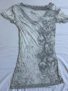 Women's Summer Skeleton Print Sheer Tops Y2K Vintage Short Sleeve V Neck Skull Print T-Shirts Goth Slim Crop Blouses Fairy Grunge Tee Aesthetic Clothes - trắng - Xem 4