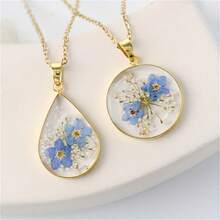 Water Droplet Shape Necklace, Handmade Pressed Flower Necklace, Lace Pressed Wildflower, Forget-Me-Not Flowers Symbolize True Love And Respect - 藍色 - 查看 1