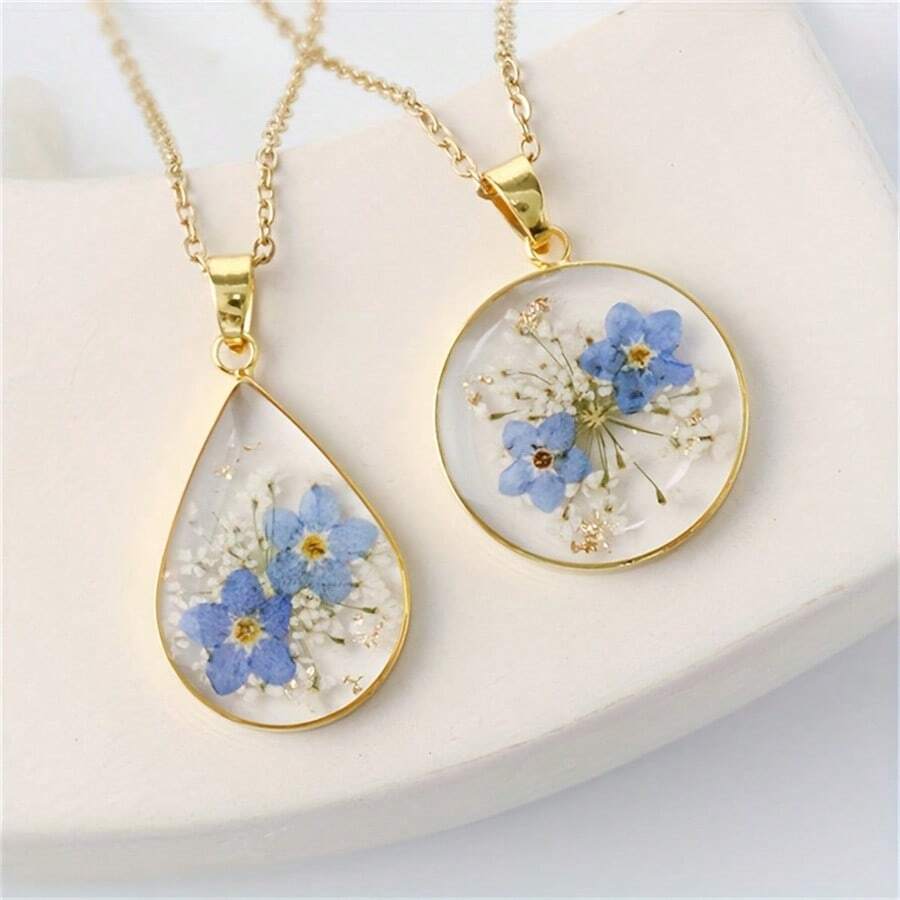 Water Droplet Shape Necklace, Handmade Pressed Flower Necklace, Lace Pressed Wildflower, Forget-Me-Not Flowers Symbolize True Love And Respect - 藍色 - 查看 1