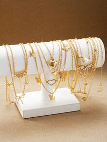 11pcs/12pcs Set Elegant Vintage Minimalist Star, Moon, Golden Heart, Bowknot Necklaces For Women, Suitable For Holidays, Parties, Dates, Daily Wear, And As Gifts - 金黃色 - 查看 3