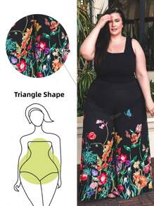 Truni VCAY Plus Size Floral Print Wide Leg Casual Holiday Pants Vacation Vacation Outfits Woman Summer Outfits For Women Spring Outfits For Women Teacher Outfits For Women Beach Vacation Outfits Tropical Vacation Woman Clothes