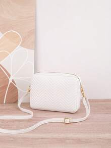 1pc Women's Quilted Striped Crossbody Bag, Multi-Layer Camera Bag, Zipper Closure, Adjustable Strap, Fashion Shoulder Bag For Daily Use, Versatile - White - View 4