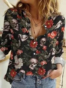 花卉骷髅印花纽扣前开休闲衬衫 - 黑色 - 查看 1