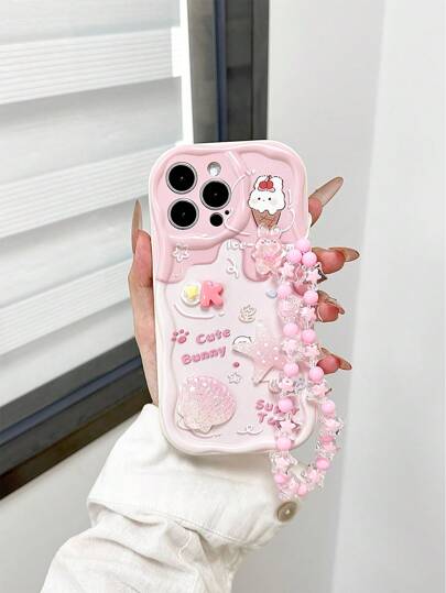 Cartoon Starfish & Shell Decor Pink Painted Wavy Edge Print Protective Case With Chain, Suitable For IPhone 16/16 Pro Max, IPhone 15, IPhone 14, IPhone XR/7/8, IPhone 15 Pro Max, IPhone 13, IPhone 14, IPhone 11, Soft Case, P12, XS, Redmi
