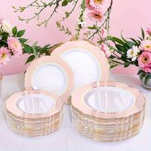 WDF Partyware 150Pcs Pink Gold Plastic Plates & Disposable Silverware, Pink Disposable Plates For Party Include 30 Dinner Plate,30 Dessert Plate,30 Knives,30 Forks,30 Spoons For Wedding Catering - 粉色 - 查看 5