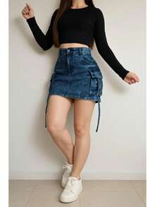 Falda de mezclilla stretch - Azul lavado medio - Ver 3