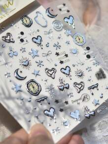 1 张朋克风格 3D 浮雕美甲贴纸 - 天体和心形设计，带有星星、月亮、心形 - 自粘聚氨酯贴花，适合 DIY 美甲， - 銀色 - 查看 2