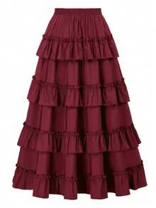 [High-Waist Ruffle Trim Skirt] High-Waist Ruffle Trim Skirt, Fashionable High-Low A-Line Drawstring Maxi Skirt, Pleated Ruffle Hem, Multi-Layer Design, Women's Casual Wear For Spring & Summer - Red - View 2