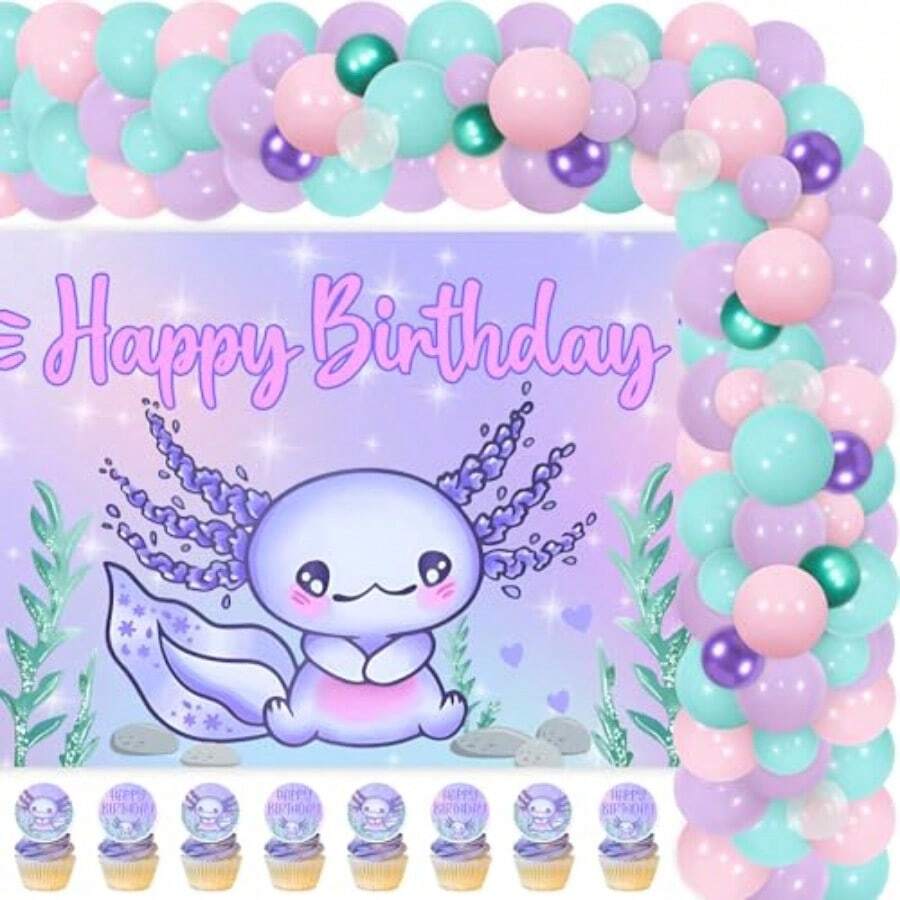 Axolotl Theme Birthday Party Decorations Purple Balloon Garland Arch Kit Axolotl Theme Happy Birthday Photograph Background Cupcake Toppers For Boys Girls 1st 2nd 3rd Birthday Party Decor Supplies - 豐富多彩的 - 查看 1