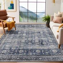 Washable Rugs For Living Room Vintage Rugs With Non-Slip Backing, Low Pile Stain-Resistant Distressed Oriental Carpet, Indoor Foldable Floral Print Floor Covering For Bedroom - Blue - View 2