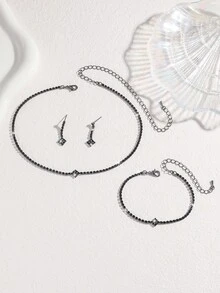 3pcs Women's Elegant Luxury Fashion Jewelry Set, Rhinestone Necklace + Earrings + Bracelet, Graceful And Generous, Best Accessory For Wedding, Gala, Party - Black - View 3