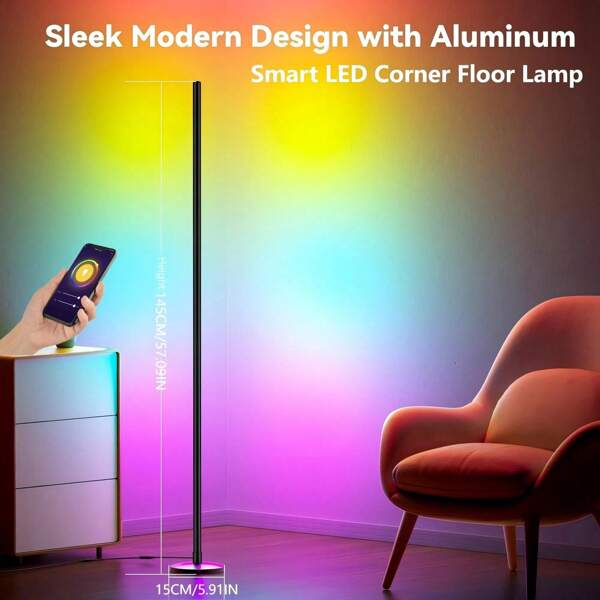 Lampe de sol d'angle Lampe d'angle LED RVB intelligente avec application et télécommande, 16 millions de couleurs et 68+ scènes, synchronisation musicale, réglage de la minuterie - idéale pour les salons, les chambres à coucher et les salles de jeux