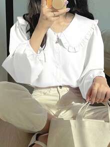 女士休闲优雅翻领衬衫，春夏款 - 白色 - 查看 4