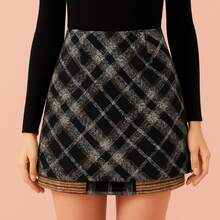 Falda corta ajustada elegante con patron de cuadros para mujer - Negro - Ver 1