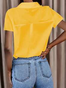 Women's Simple Fashion Front Button Short Sleeve Shirt Summer - Yellow - View 2
