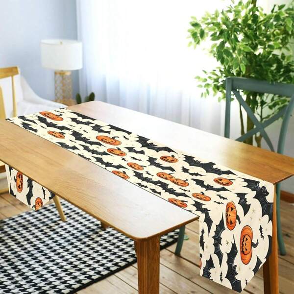 1pc Halloween Night Bat Moon Tree House Pumpkin Table Runner 13.77x70.86 Inches Long,Table Cloth Runner For Wedding Birthday Party Kitchen Dining Home Everyday Decor Halloween Dining Table Decorations, Dinner Parties Supplies