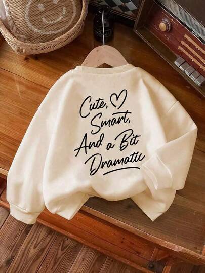 Long Sleeved Round Neck Pullover With "Cute Smart And A Bit Dramatic" Print Pattern, Providing A Comfortable, Fashionable, And Casual New Autumn/Winter Season Top For Tween Girls