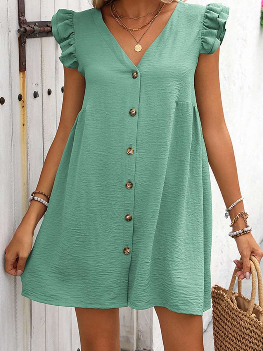 Women's Summer Mini Dress Solid Color Flutter Sleeve V-Neck Button Down Dress For Work, Beach