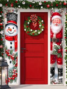 2件套圣诞门对联，圣诞挂旗，涤纶材质，雪人和圣诞老人图案，圣诞快乐家居装饰，圣诞门挂装饰，圣诞家居装饰，圣诞派对背景装饰，圣诞派对用品，圣诞装饰，圣诞拍照道具，圣诞室内外装饰，圣诞派对礼物，圣诞家居装饰