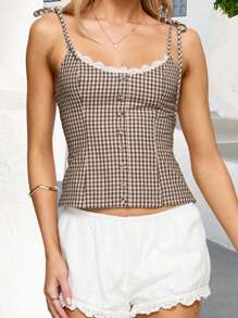 Women Plaid Camisole Slim Lace Trim Scoop Neck Tie-Up Spaghetti Strap Crop Shirts  Summer Streetwear