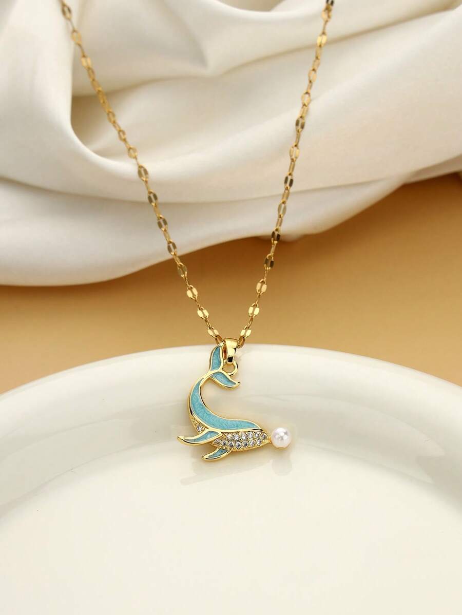 1件海洋生活海滩度假系列【海龟、海豚、章鱼、海星】吊坠项链，休闲时尚优雅可爱，铜材质镶嵌锆石，不锈钢唇链，适合女性日常佩戴 - 海豚2 - 查看 1