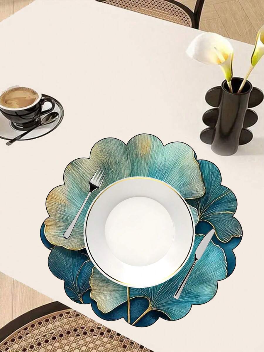 2/4/6/8 Stücke 35 cm Ginkgo Blatt Blau & Gold Stil weiße Tischsets, waschbar rutschfest hitzebeständig aus Polyestergewebe, rund, rutschfest, mit Heim- & Feiertags-Dekor Tischdecken, geeignet für tägliches Essen, Halloween, Weihnachten, festliche Outdoor-Partys, Bankette - elegante Tischdekorationen, Feiertags-Essens-Accessoires | Glänzendes Geschirr | Polyester Tischsets, Tischdecken, Hohe Qualität.