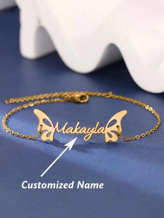 Pulsera con nombre personalizada - Exquisita personalización de joyas con mariposas, regalo elegante, obsequio de cumpleaños/aniversario - Pulsera de acero inoxidable - Joyería diaria y de uso diario, collar con encanto, patrón de mariposa, accesorios exquisitos
