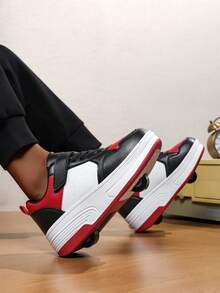 1 Pair New Hook And Loop Kids Shoes, Black Lace-Up Design, TPR Thick Sole, Black White Red, Single Row Single Wheel, Leather Red Heel Strap, Round Toe Low-Top, Waterproof, Children Sports Shoes, Suitable For Indoor/Outdoor, All Season, Girls/Boys Roller Skate Shoes, Fashion & Comfortable LC183 - black red - View 2