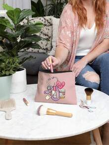 Nurse Theme Pink Handbag & Cosmetic Bag Set, Casual Style, Fabric Structure, Printed With Stethoscope, Heart, Syringe, Thermometer, Pill Patterns, Suitable For Back To School, Travel, Unisex, Perfect Gift, Daily Necessity - Pink - View 4