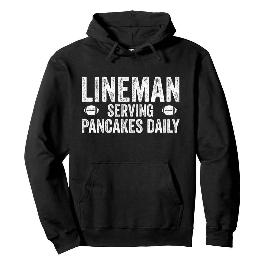 Football Lineman Hoodie - Serving Pancakes Daily Pullover Hoodie, Men's Hooded Sweatshirt - Lightweight & Ultra-Comfortable, Essential For Daily Strolls, Travel & Outdoor Activities! - 黑色 - 查看 1