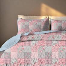Juego de edredón de 2/3 piezas con estampado floral de patchwork cuadrado rosa (1 edredón + 1/2 fundas de almohada), 100 % microfibra, juego de colcha con estampado de rayas pequeñas y patrón combinado de varios elementos, antideslizante y lavable a máquina, juego de edredón de verano, decoración de habitación - flores rosas - Ver 6