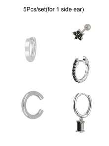 5件套耳环套装女镀金耳夹黑锆石耳钉耳环圈形耳环吊坠耳环女时尚珠宝配饰 - 5Pcs/set(1 side ear) - 查看 7