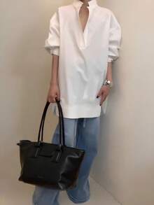 Women's Fashion Casual Versatile Long Sleeve Shirt, Asymmetrical Hem Solid Notched Neck Sexy Minimalist Office Shirt, Fashionable Women's Notch Collar White Polyester Semi-Sheer Long Sleeve Shirt - White - View 3