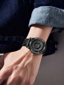 1pc Men Magnetic Waterproof Watch, No Glass Dial, Personalized, Fashionable Roman Steel Belt Wrist Watch - Black - View 6