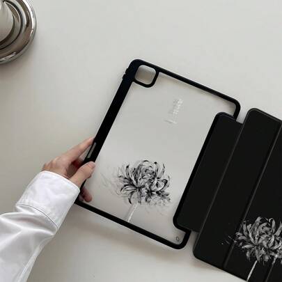 A Beautiful Cartoon Black Flower Letter Double-Sided Painted Acrylic Transparent Crystal Back Cover, Shockproof, Suitable For IPad 7th Generation, 8th Generation (10.2 Inches), 10th Generation Protective Case, Built-In Pen Slot, Supports Sleep And Wake-Up Functions/Multiple Folding Stand Methods, Holiday Gift, New Year Gift.