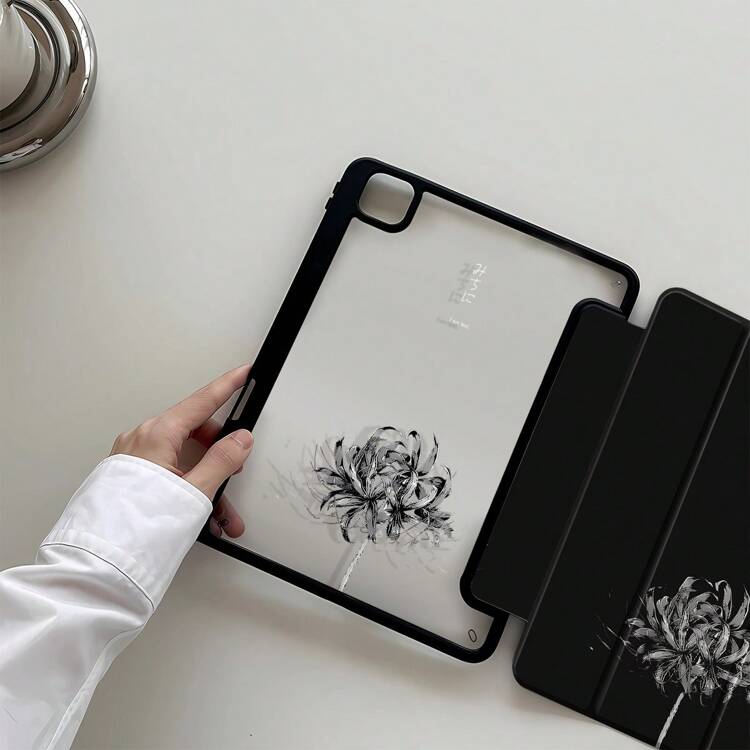 精美卡通黑花字母双面彩绘亚克力透明水晶后盖，防震，适用于iPad第7代、第8代（10.2英寸）、第10代保护套，内置笔槽，支持睡眠唤醒功能/多种折叠支架方式，节日礼物，新年礼物。 - 彩色 - 查看 1