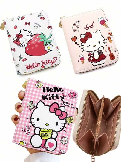 Sanrio 1/2 محفظة جلدية مطبوعة بكارتون هالو كيتي مع سحاب ذهبي وفتحات متعددة للبطاقات، مناسبة للاستخدام اليومي (بعض الأجزاء قد تكون عشوائية)