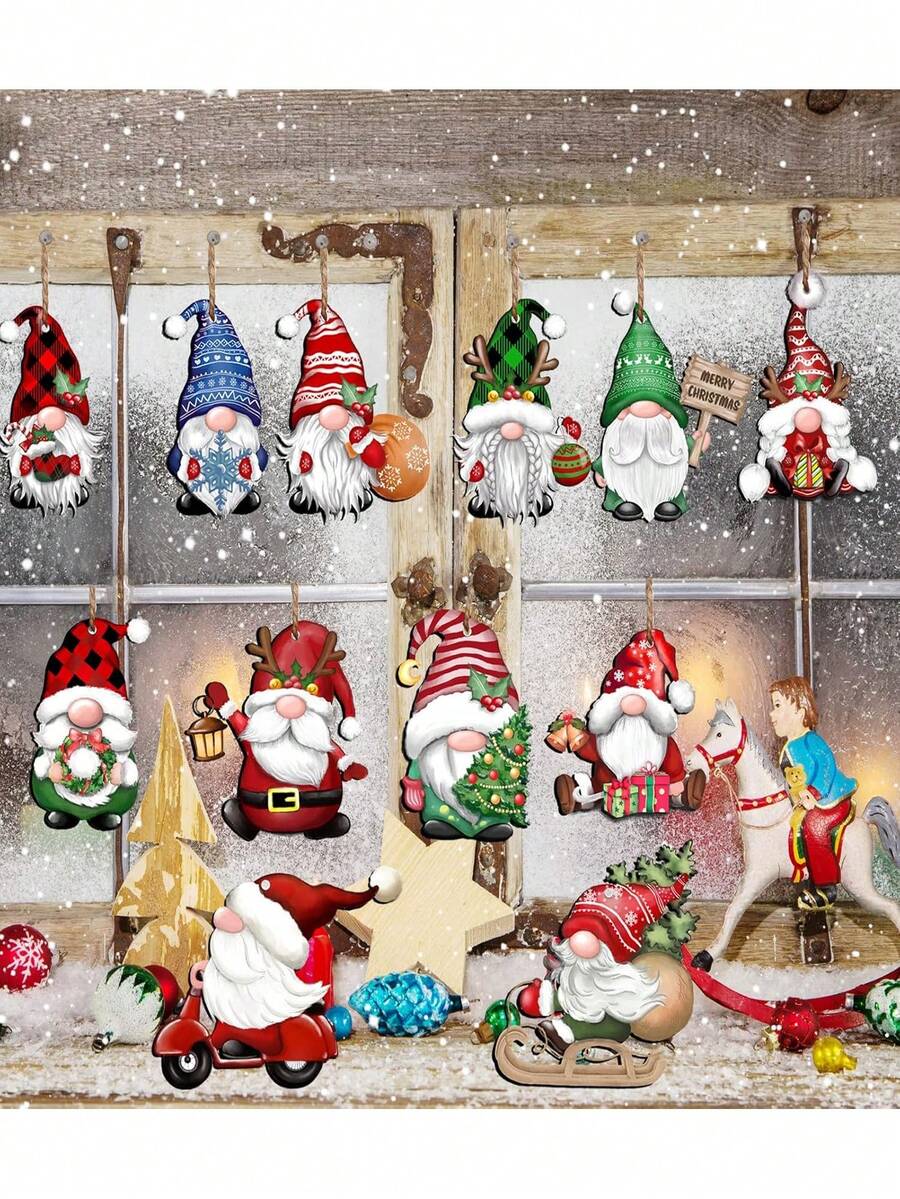 24 Stück Weihnachts-Wichtel Holz-Hängeornamente mit Schnüren, Holz-Hängedekoration für Weihnachtsbaum, Wichtel-Weihnachtsmann-Puppe Holz-Hängebasteleien, Wichtel-Elf Party-Zubehör