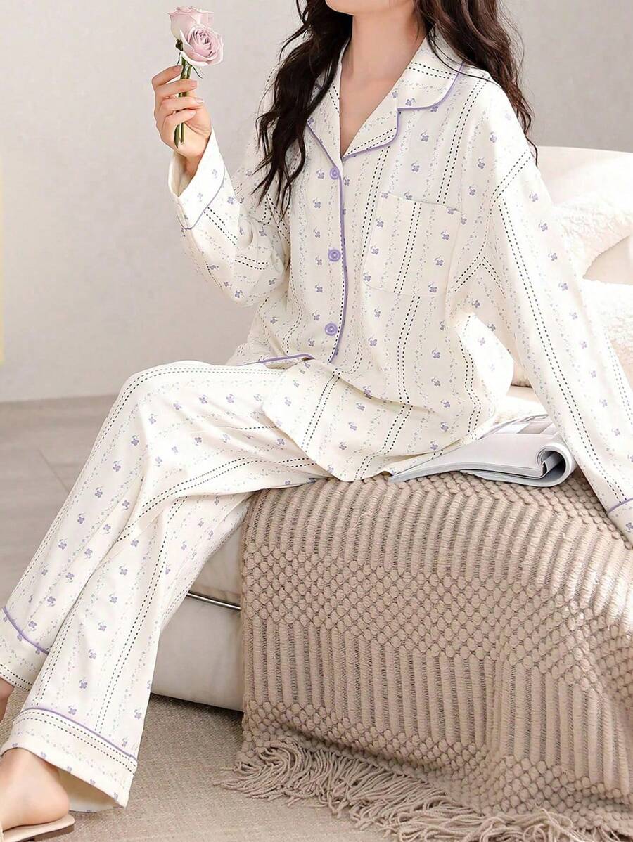 AICJ 2 件套棉质休闲宽松条纹印花长袖上衣和裤子睡衣套装，适合春秋冬季保暖秋季衣服 - 白色 - 查看 1