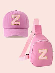 2pcs/Set Girls' Pink Baseball Cap With 26 Letter Truck Cap & Mini Backpack Set, Lightweight Portable Coin Purse, Suitable For Daily Outdoor Sun Protection