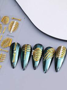 3D骷髅美甲贴纸，万圣节美甲贴纸，浮雕自粘骷髅骨头图案，哑光塑料美甲贴纸，DIY美甲装饰，奇幻主题美甲，浮雕骷髅图案装饰，骷髅手，万圣节白骨爪美甲装饰贴纸 - 彩色 - 查看 5