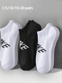 1/5/10/15/20 双女士短袜，返校季，黑/白/灰色，时尚字母设计，弹性舒适，轻盈面料，无束缚，女士休闲短袜