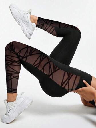 女士网眼紧身裤 瑜伽紧身裤 不透视 七分高腰收腹 运动跑步骑行瑜伽匹克球运动裤