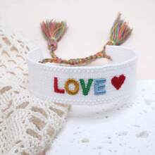 1 件手工刺绣 LOVE 可调节波西米亚风休闲手链，适合朋友、家人、情侣、节日礼物、派对、旅行、日常佩戴、祝福绳 - 白色 - 查看 1