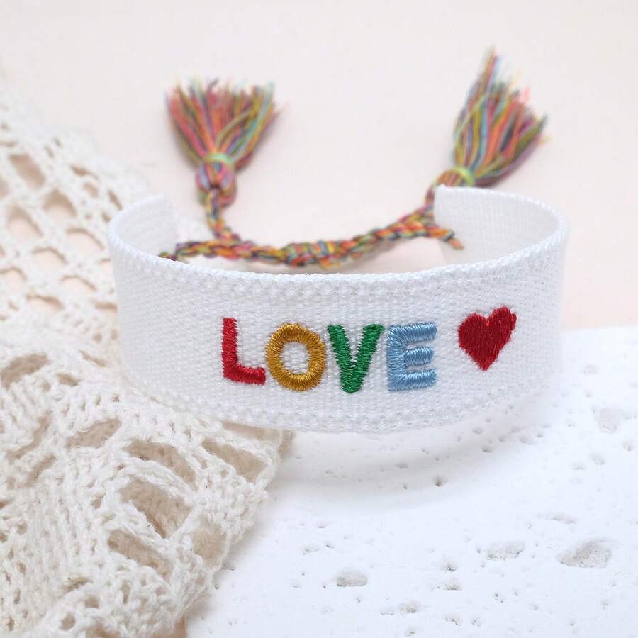 1 件手工刺绣 LOVE 可调节波西米亚风休闲手链，适合朋友、家人、情侣、节日礼物、派对、旅行、日常佩戴、祝福绳 - 白色 - 查看 1