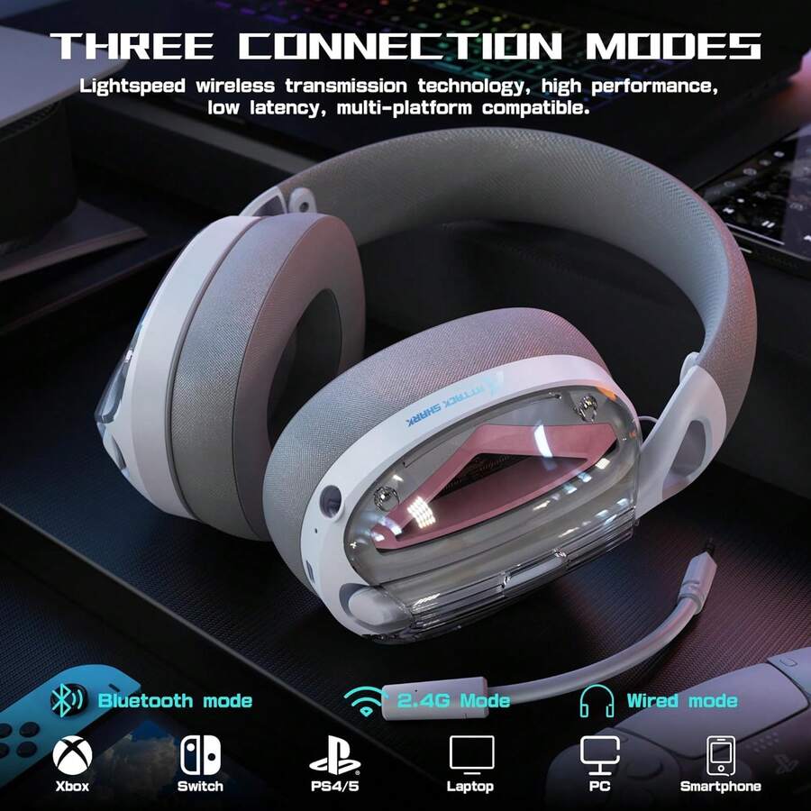 ATTACK SHARK L60 Headset Gamer Leve Sem Fio Over-Ear com Microfone Removível com Cancelamento de Ruído, Modos Tri-Modo (Cabo/BT/2.4G), Drivers de 40mm, Som Estéreo 5.1 Canais, Bateria de 40h+ para PC/Windows - Pó branco - Visão 1